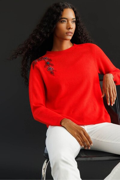 Desen Triko Women's Crew Neck Shoulder Embroidered Wool Sweater Coral