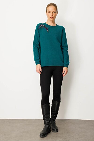 Desen Triko Women's Crew Neck Shoulder Embroidered Wool Sweater Early 2000S