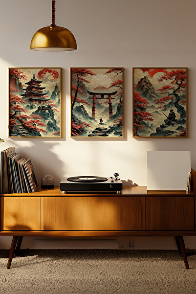 Tontilika Samuray ve Japon Doğa Manzarası 3 Parçalı Ahşap Çerçeveli Tablo Seti