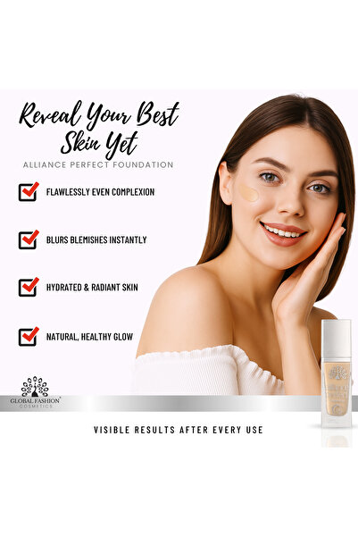 global fashion Alliance Perfect Liquid Foundation – 8 Shades, 24H Wear, Full Coverage, Hydrating, Transfer-Proof