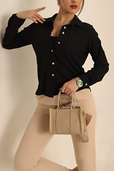 hazelin Women's Black Knitted Wrinkled Shirt Hzl25S-Bd1201601