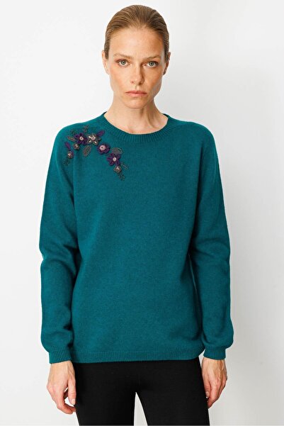 Desen Triko Women's Crew Neck Shoulder Embroidered Wool Sweater Early 2000S