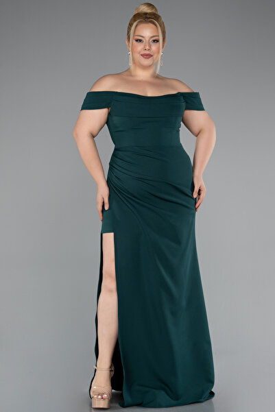 Abiyefon Zümrüt Yeşili Kayık Yaka Yırtmaç Uzun Büyük Beden Abiye ABU5156