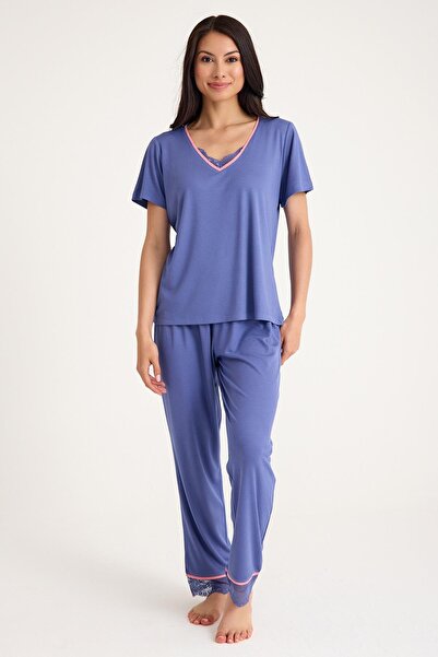 Amarelle Dream Blue/Pink V-Neck Lace Detailed 4 Piece Pajama Suit Set
