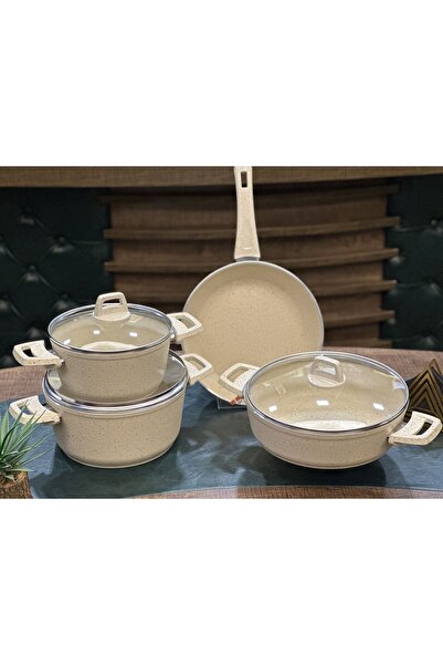 AYKUT Cream Granite Cookware Set - 7 Pieces - Glass Lid