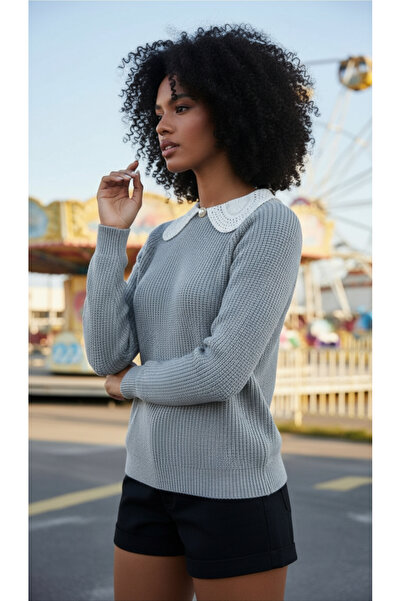 NİLZA Gray Lace Collar Pearl Button Knitwear Sweater