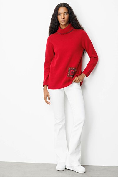 Desen Triko Women's Degaje Collar Pocket and Collar Crocheted Wool Sweater Dark Red