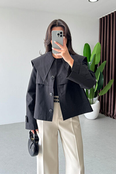 My Blog Black Wide Collar Short Trench Coat - 7530