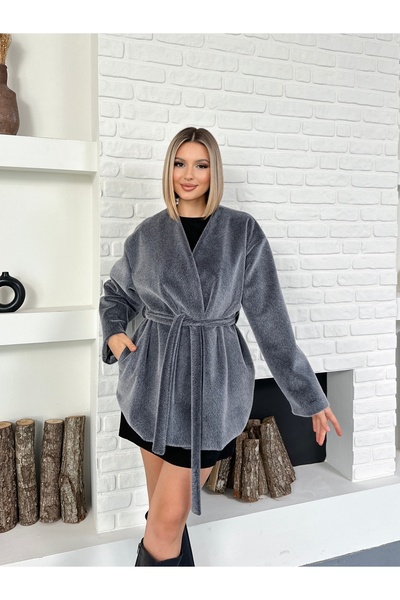 MODAMERSİ Women's Gray Belted Lined Fur Coat