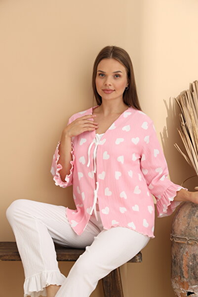 ELİTOL Жіночий халат з довгими рукавами та візерунком у вигляді сердечок, комплект піжами