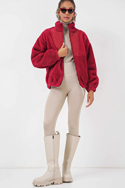 hazelin Жіноча червона куртка з блискавкою, підкладкою зі штучного вовни та п...