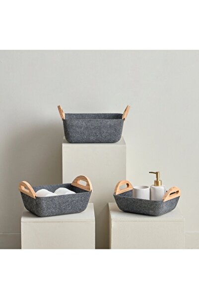 Generic Felt Basket with Wooden Handle - Set of 3