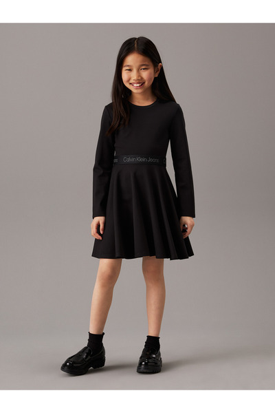 Calvin Klein Girls Black Long Sleeve Flared Punto Logo Dress