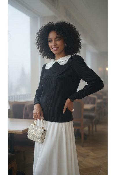NİLZA Black Lace Collar Pearl Button Knitwear Sweater