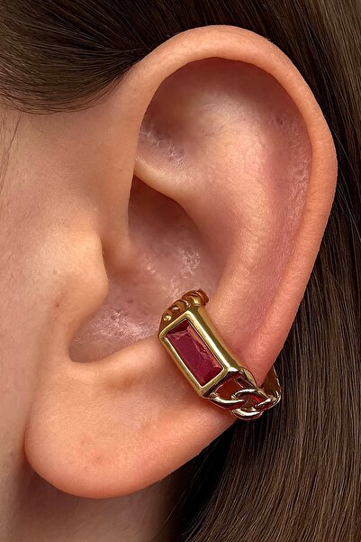 TAKIŞTIR Altın Renk Taş Detaylı 14K Altın Kaplama TX Ear Cuff (Tek)