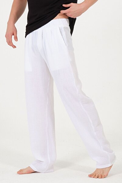 RELAXL Παντελόνι αθλητικής φόρμας από 100% βαμβακερή μουσελίνα, λευκό, για το σπίτι