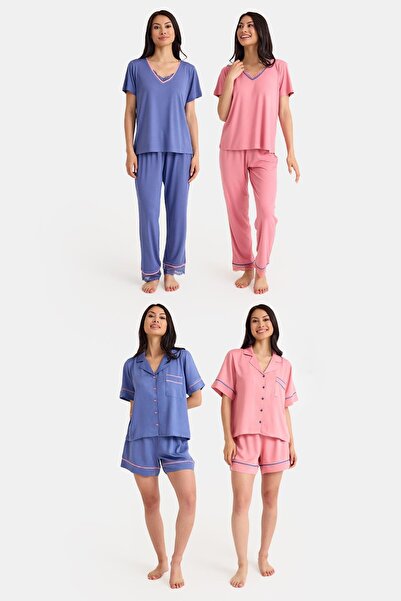 Amarelle Dream Blue/Pink Lace Detailed Long and Shorts Front Buttoned 8 Piece Pajama Suit Set