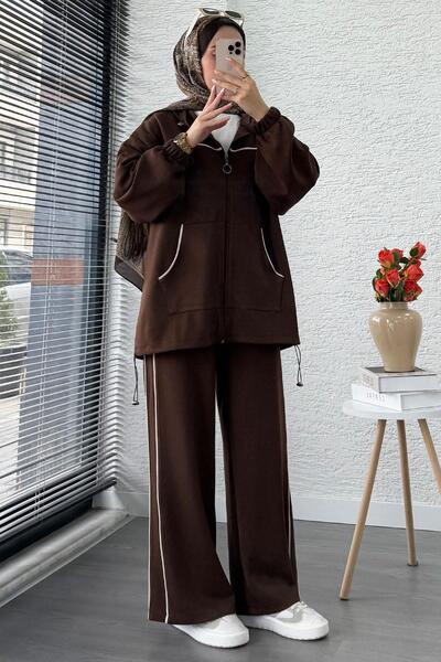 MELEK ARAZ Women's Tracksuit Set with Piping Detail – Brown