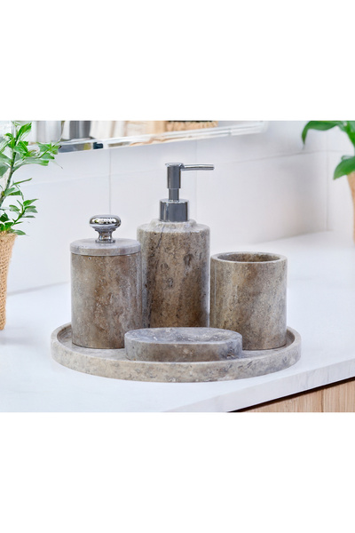 marbelix Aurelia Travertine Marble 5 Piece Bathroom Set – Solid & Liquid Soap Dispenser, Toothbrush Holder, Cotton Ball Holder and Tray