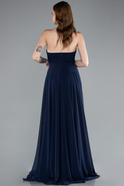 Abiyefon Lacivert Straplez Bacak Dekolteli Uzun Şifon Mezuniyet Elbisesi ABU4966