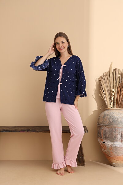 ELİTOL Heart Patterned Wrinkled Knitted Long Sleeve Women's Robe Pajama Set