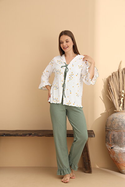 ELİTOL Çiçek Desenli Bürümcük Örme Uzun Kol Kadın Sabahlık Pijama Takımı