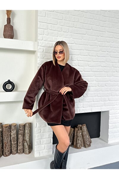 MODAMERSİ Women's Brown Belted Lined Fur Coat