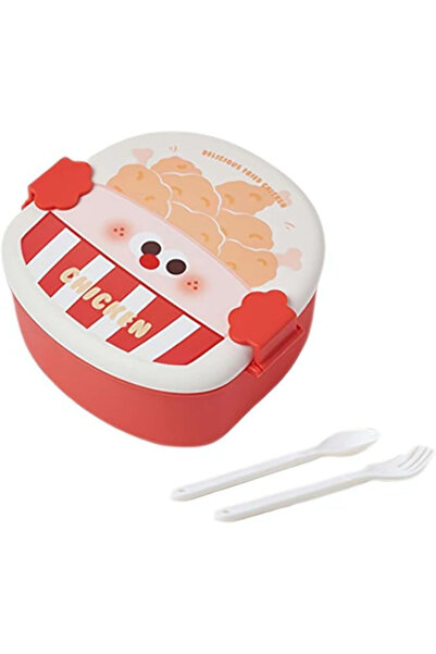 Dörtel Tedarik Portable Clamshell Fork Spoon 3 Compartment Lunch Box for Kids in the Shape of Fried Chicken