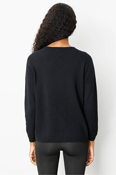 Desen Triko Women's Crew Neck Shoulder Embroidered Wool Sweater Black