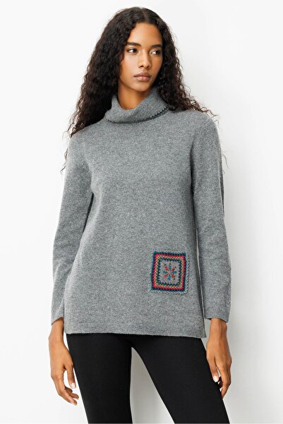 Desen Triko Women's Degaje Collar Pocket and Collar Crocheted Wool Sweater Smoked