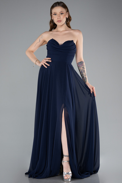 Abiyefon Lacivert Straplez Bacak Dekolteli Uzun Şifon Mezuniyet Elbisesi ABU4966