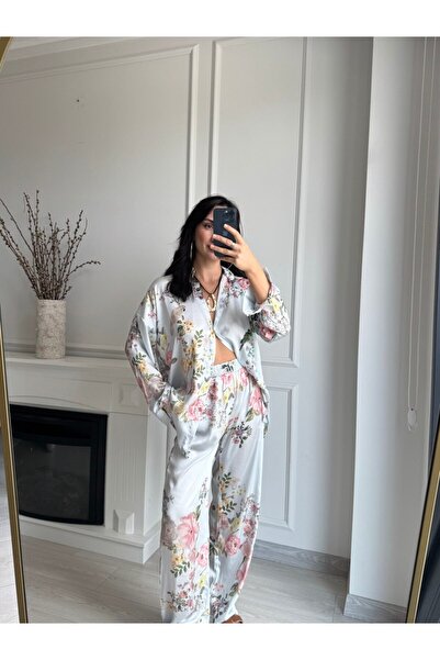 MSY Women's Patterned Satin Shirt and Pants Set