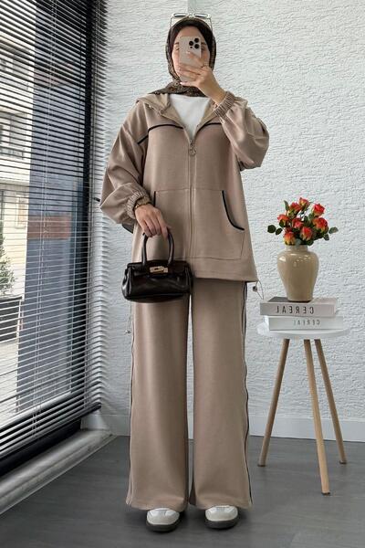 MELEK ARAZ Women's Tracksuit Set with Piping Detail – Beige