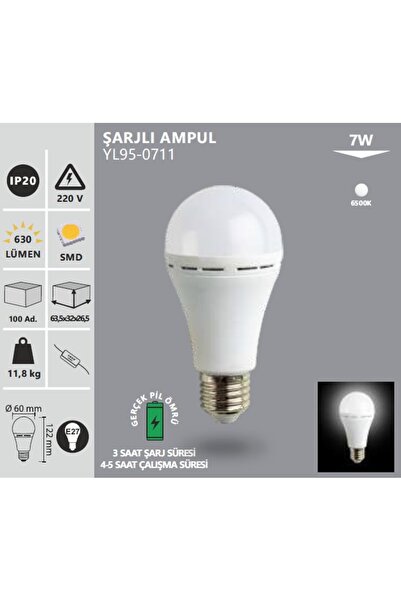 Genel Markalar 7W Şarjlı Led Ampul Beyaz Işık 6500 Kelvin 630 Lümen E27 Duy YL95-0711