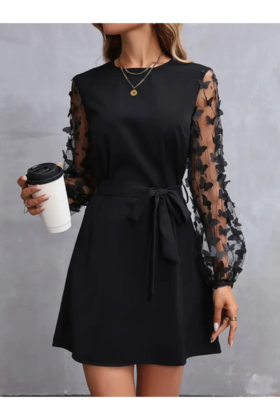 Viyamo New Season Butterfly Detailed Women's Crepe Dress Long Sleeve Crew Neck