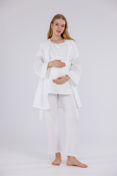 LOHOUSE Women's Ecru Striped Linen Maternity Pajama Set with Dressing Gown, 3-Piece Pajama Set