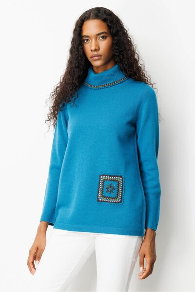 Desen Triko Women's Degaje Wool Sweater with Crocheted Collar Pocket and Collar A.Petrol