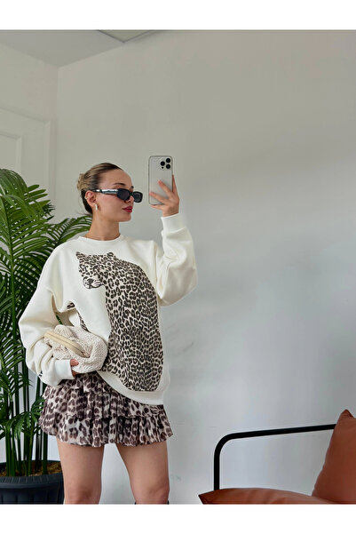 ky butikkk Kadın Fırfırlı Leopar Mini Etek Bej