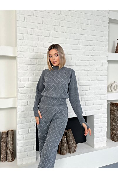 MODAMERSİ Women's Gray Knitwear Set with Stone Detail on the Bottom and Top