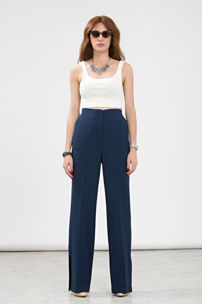 LA PANTE Women's Trousers Pipe Leg Trousers Stretch Fabric Casual Leg Slit Zippered Black Palazzo Stylish