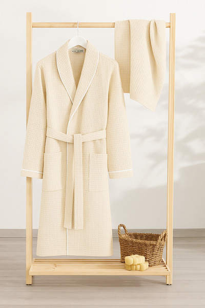 Denizli Concept Beige Soho Pike Bathrobe Set - Unisex Bathrobe and 60X100 Towel
