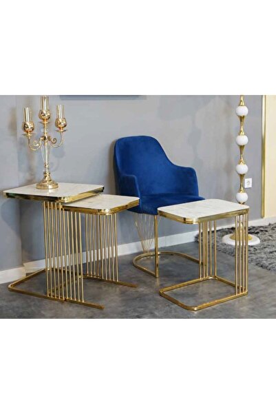 Yuvaset Home Mim Beyaz Desenli - Gold Piyano Kare Borulu Zigon Sehpa