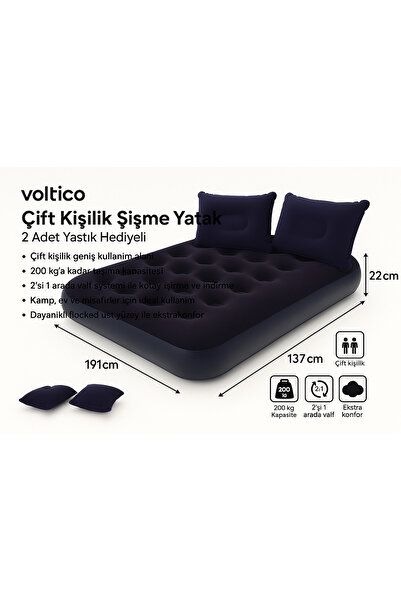 Voltico Çift Kişilik Şişme Yatak – 2 Adet Hediyeli Yastık Dahil (191x137x22 cm)