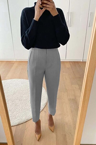 Madmext Gray Front Pleated High Waist Women's Trousers Mg2425
