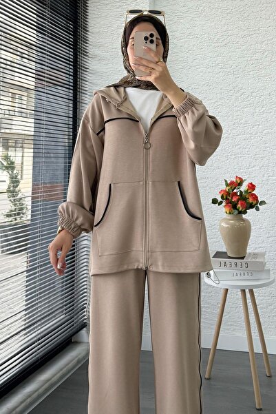 MELEK ARAZ Women's Tracksuit Set with Piping Detail – Beige