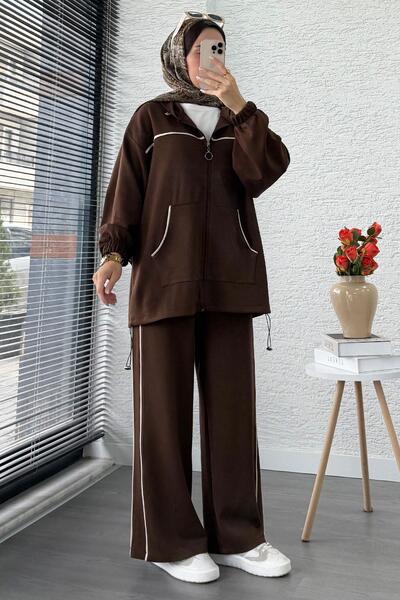 MELEK ARAZ Women's Tracksuit Set with Piping Detail – Brown