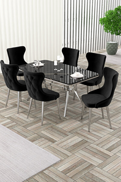 Canisa Esla Serisi 90x160 Lak Panel Sonata Krom Kaplama Ayaklı Masa Takımı ,6...