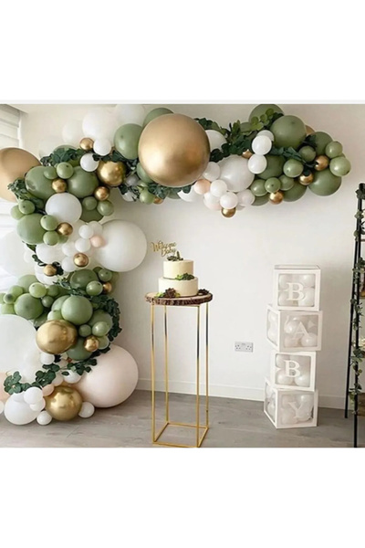 Mora süslemeleri küf yeşili okaliptus gold krom beyaz balon zinciri