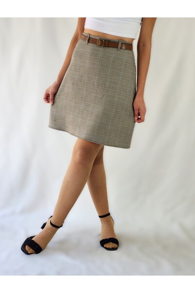 YAXİ Belted High Waist Ecru Plaid Pattern Woven Overknee Bell Skirt