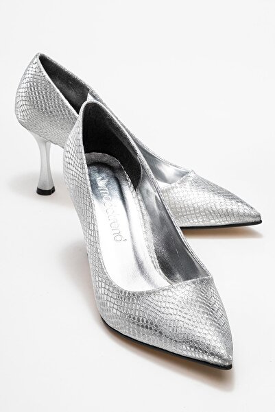 CCWAY AYAKKABI حذاء نسائي بكعب ستيليتو فضي بلمعة ثعبانية